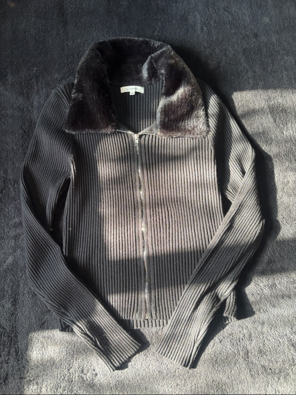 Faux-Fur Collar Ribbed Zip Cardigan - Charcoal